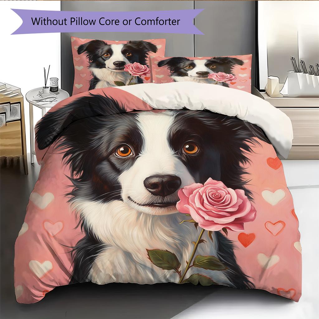 Pink Border Collie Pattern Bedding Home Decoration Birthday Gift (1 * duvet cover + 2 * pillowcase, without core)