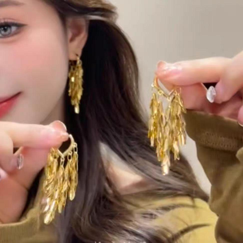 Elegant Wheat Ear Tassel Earrings for Women - 2025 Style, Light Luxury Sequined Heart Studs, Face-Slimming Ear Accessories MHR-0208 золоченой меди