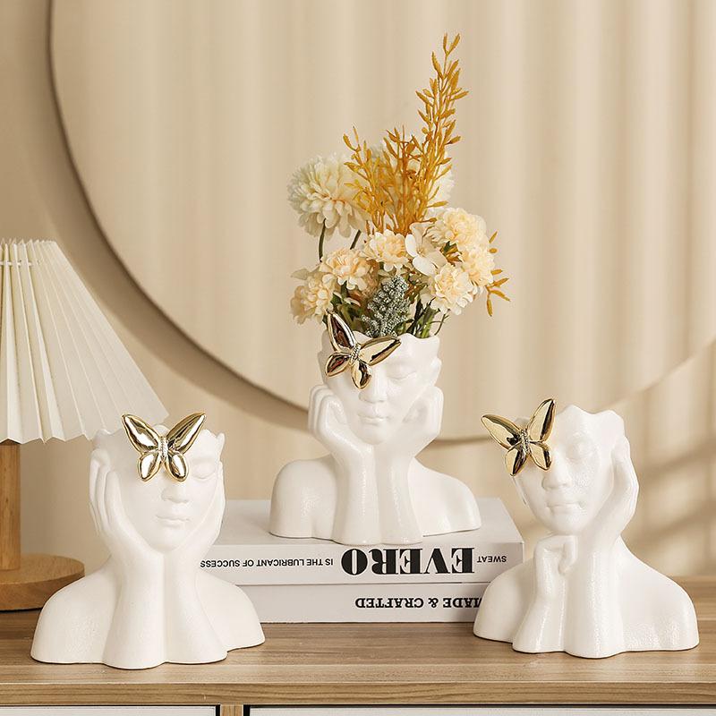 Ceramic Relief Butterfly Vase White Porcelain Figurine Sculpture Decorative Piece for Living Room Dining Table Flowers Vase Gift