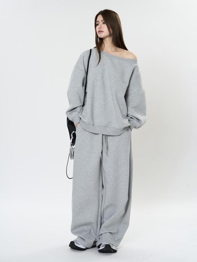 Louvre Spring Korean Athflow One-Shoulder Relaxed Sweatshirt for Women