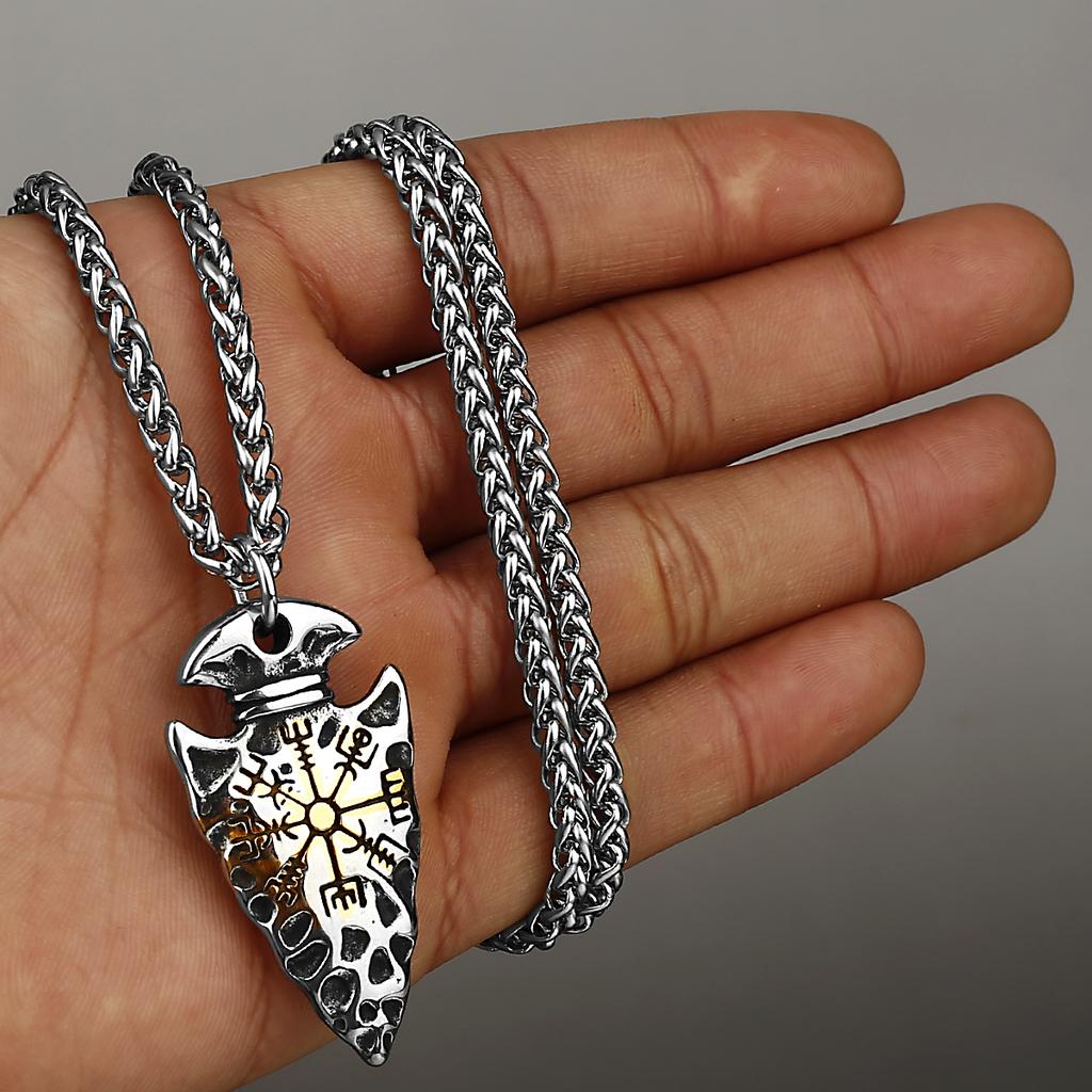 Viking Vintage Spear Compass Necklace Viking Rune Men Amulet Pathfinder Vegvisir Stainless Steel Pendant Necklace Jewelry Gift