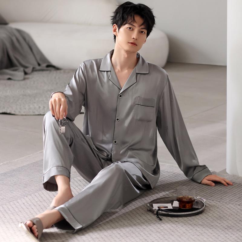 Ice silk pajamas men's summer 1011 new long-sleeved large-size solid-color men's loungewear suit can be worn outside in summer