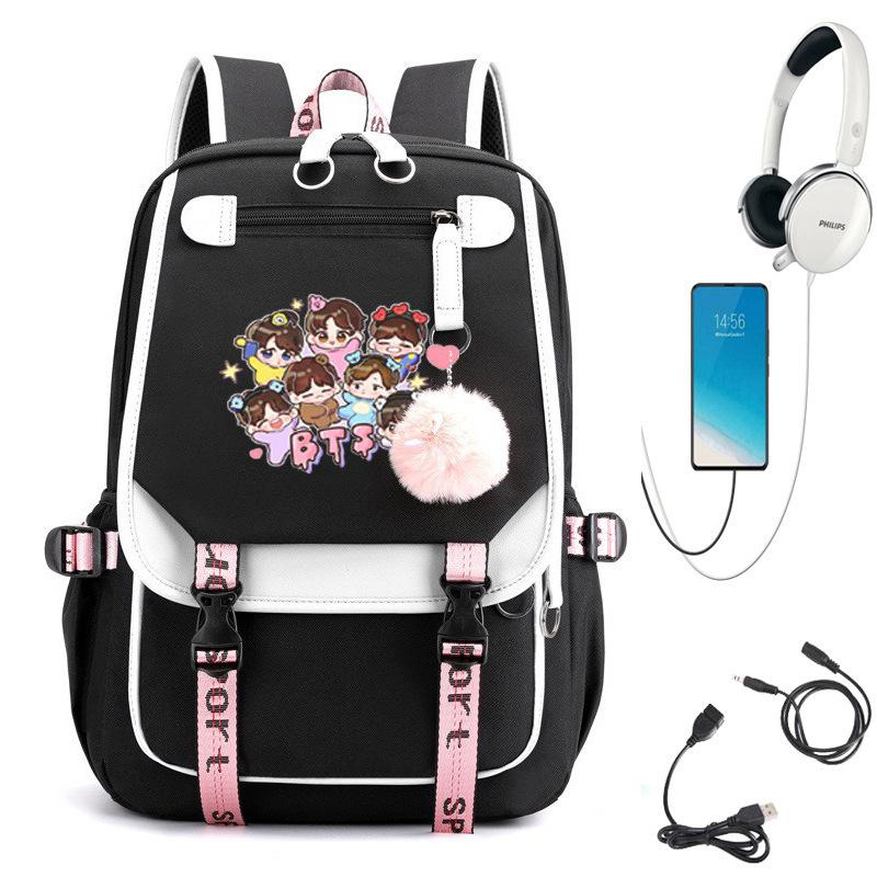BTS Youth Group Backpack USB Charging Backpack Large Capacity Student School Bag