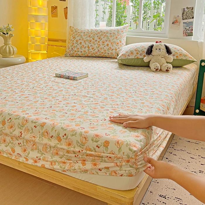 2025 New Ultra-soft Washed Cotton Printed Single-bed Hat Skin-friendly and Fresh Bedspread Come with Elastic Mattress Covers