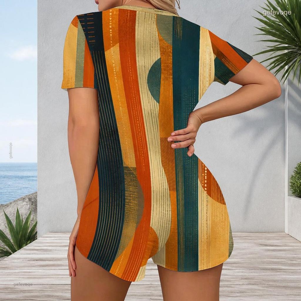 Women Plus Size V Neck Short Sleeve Button Front Printed Romper