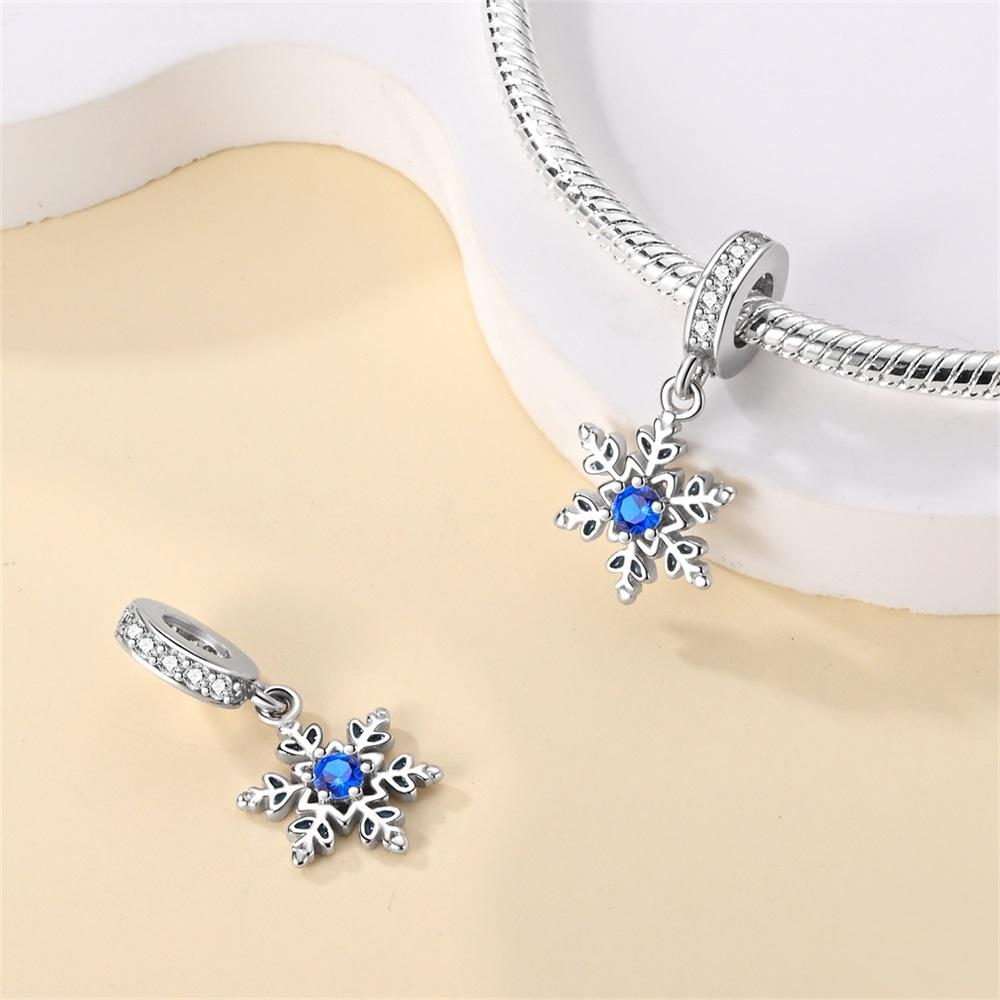 Authentic copper Charm Bead Charms Luxury Blue Zircon Snowflake Pendant Bead Charms Compatible With Bracelets Diy Women Making Delicate Gift