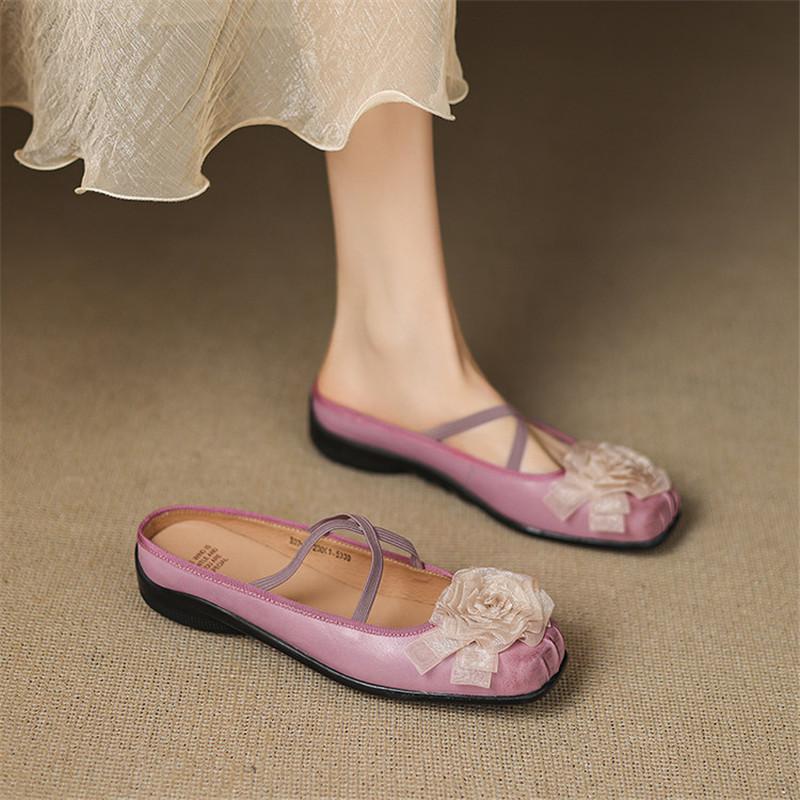 Fashion New Summer Slippers Genuine Leather Slippers for Women Fashion Flower Square Toe Thick Soled Shoes Cover Toe Slippers Sandals