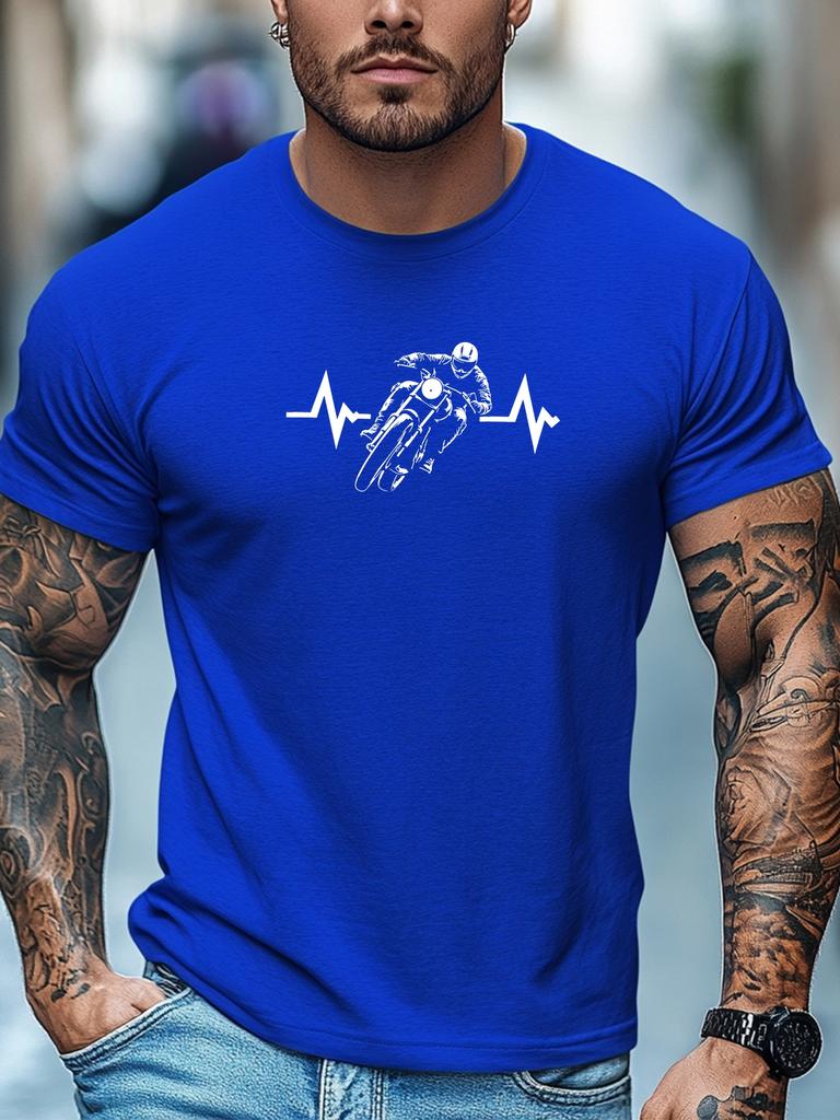 Motorcycle Rider Heartbeat Print Unisexs Crew Neck Short Sleeve Tee Soft Summer Top For Biker Lover Daily Street Basic Outfit Wear