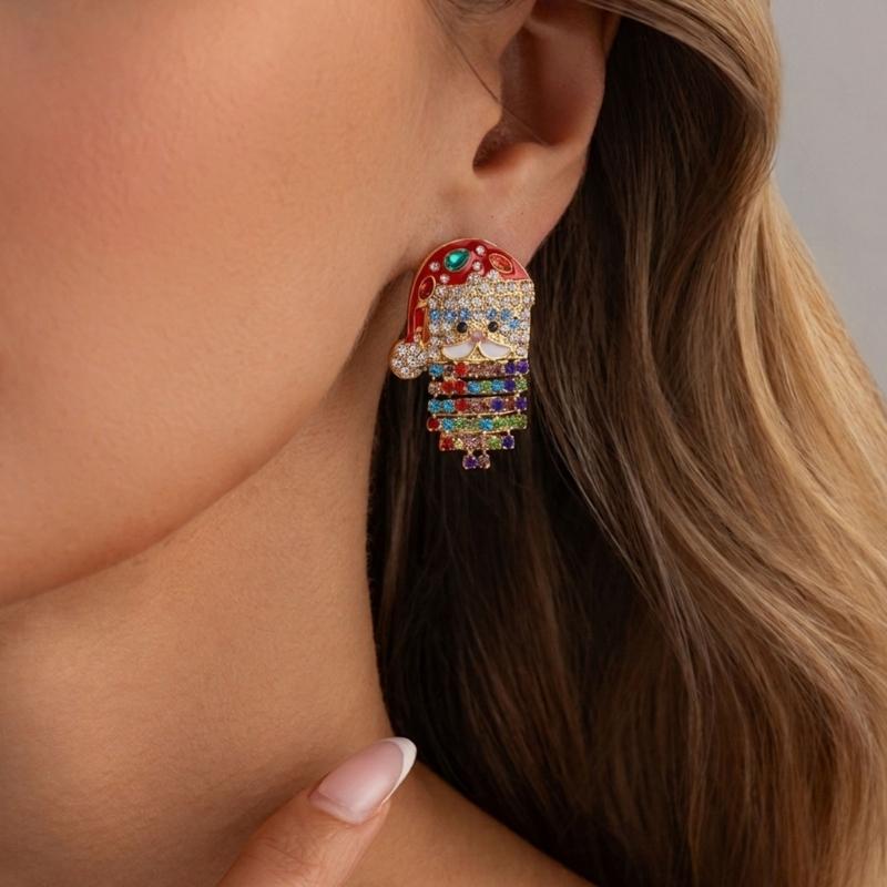 Santa Dangle Earrings for Christmas Outfits, Gold Tone Holiday Statement Pair with Bright Finish for Festive Gatherings