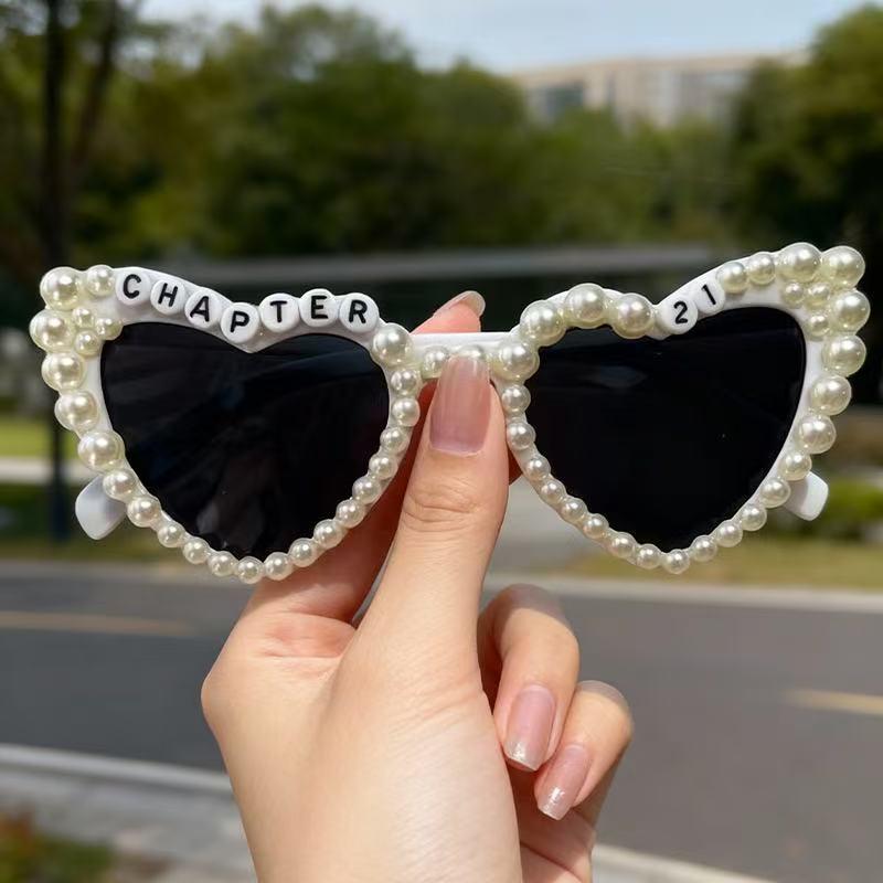 DIY Rhinestone Heart-shaped Bridal Sunglasses with Pearl and Bride Letter Accents