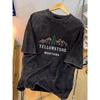 Summer Casual Men's Washed Black Short-sleeved T-shirt Scenic Summer Loose Outdoor Daily Wear
