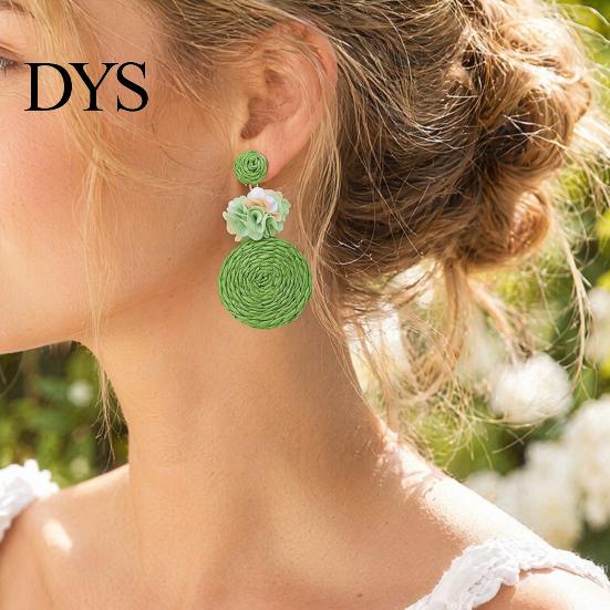 Handmade Boho Jewelry 1 Pair Raffia Flower Earrings for Women, Rattan Lightweight Woven Round Drop Dangle Earrings, Straw Summer Beach Vacation