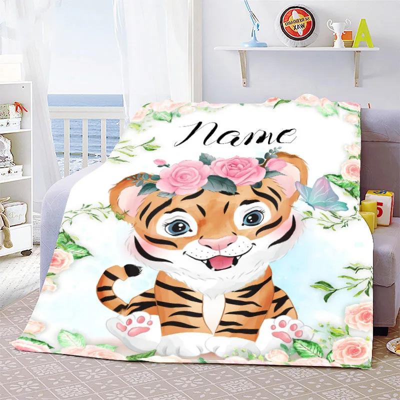 Personalized Name Blanket Cartoon Animal Digital Print Flannel Blanket Fun Gift Blanket