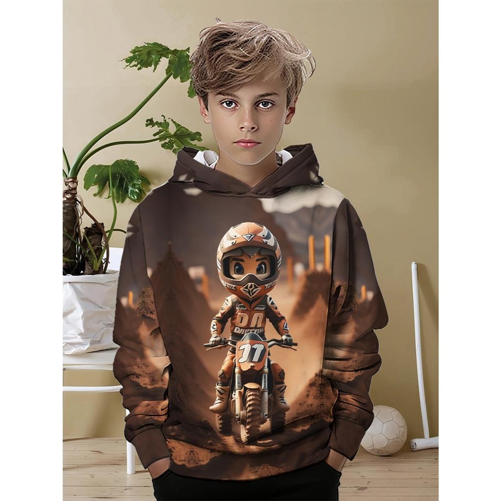 Boys' Off-road Motorcycle Pattern Hooded Sweatshirt - Rider and Track Print, Suitable for Motorcycle Racing Fans