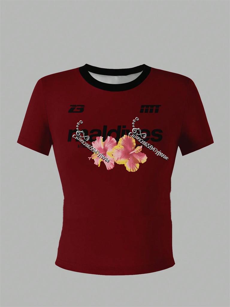 Girls' Maldives Floral Letter Print Contrast Color T Shirt Casual Comfortable Vacation Travel Tee Summer Women'S T-Shirt