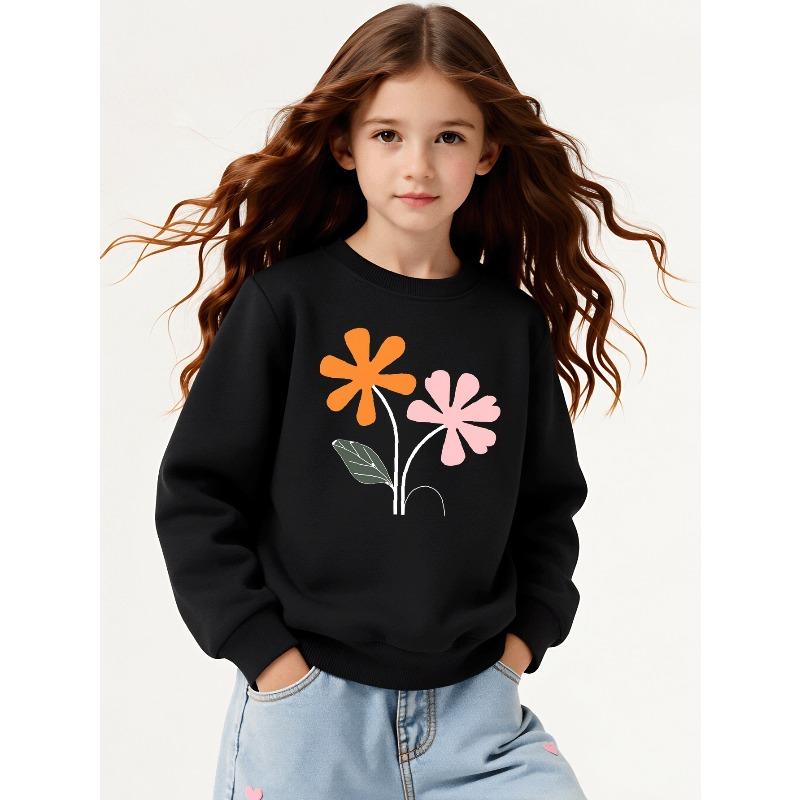Kids Girls Crewneck Sweatshirt, Minimalist Orange And Pink Simple Flower Print Soft Fleece Pullover