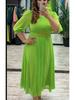 Lantern Sleeve V-Neck A-Line Pleated Maxi Dress - Elegant Waist-Defining, Solid Color Swing Style.