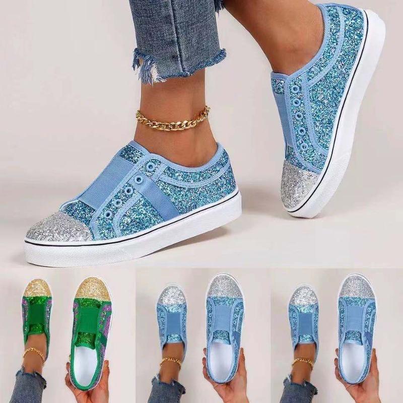 2021 summer new casual flat heel low-top shoelace-free color matching round head sequined canvas single shoes women