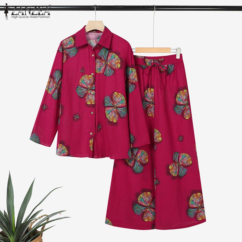 ZANZEA Women Long Sleeve Blouse and Pants Floral Print Two Piece Suit Sets