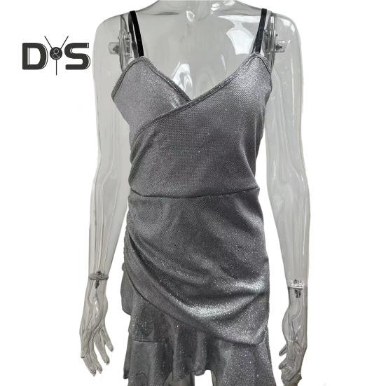 Women Slip Dress Ball Prom Party Mini Dress Sequin Slim Fit Backless Sleeveless Ruffle Hem Sling Dress Pleated Low-cut V Neck High Waist Summer Dress
