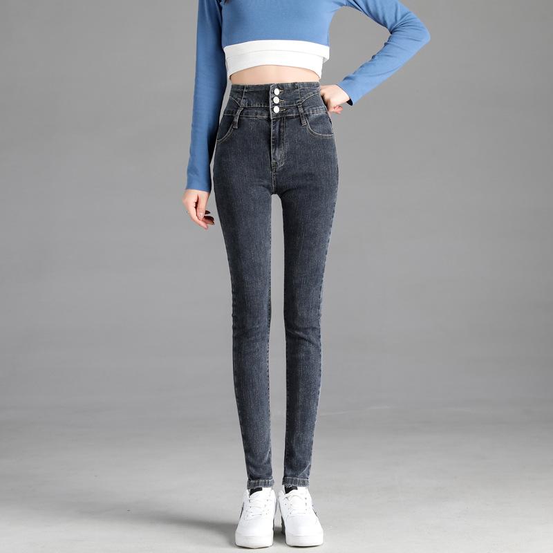 High-Waist Skinny Velvet-Lined Jeans - Women's Casual Japanese Korean Style, Autumn/Winter 2025.