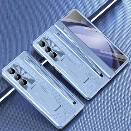 Phone Case for Samsung Z Fold 6 PC Shell with Pen Slot Spring Hinge Protection & Integrated Kickstand Full-Body Cover with Tempered Glass Screen Guard