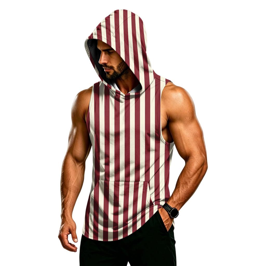 Men’s Sleeveless Hooded Tank Top Gym Muscle Fit Lightweight Quick Dry Breathable Sports Vest with Printed Pattern