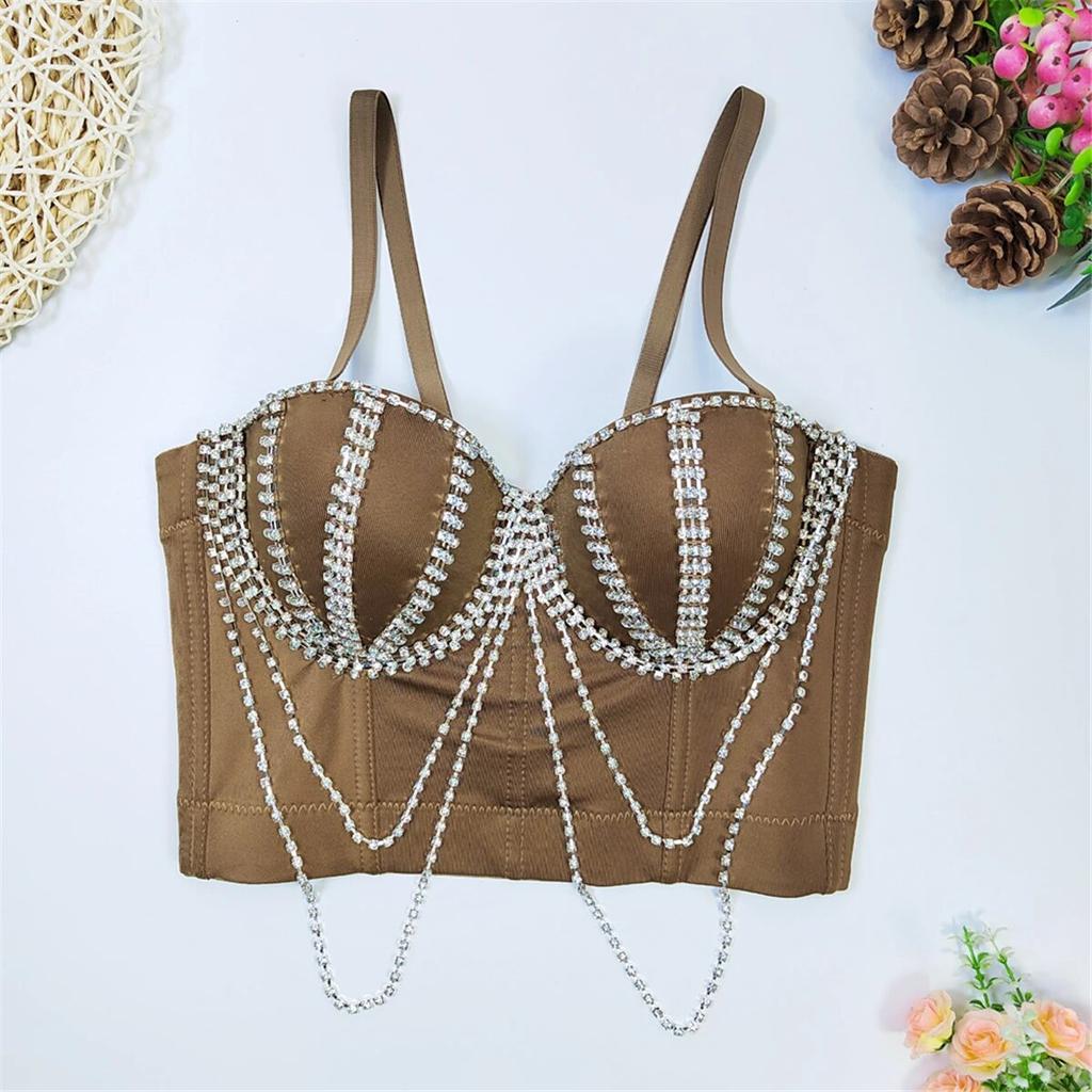 Crop Top yushutiff Rhinestones Noční korzet Podprsenka Oblečení Rave Festival Prsatější Dámské Letní párty Vesty bez rukávů