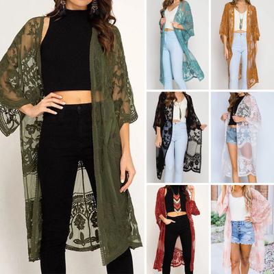 Damen-Cardigan, durchsichtig, dünne Spitze, Stickerei, Dreiviertel-Ärmel, einfarbig, MIF-Länge, lockerer offener Stich, für Damen, Strandurlaub, Vertuschung
