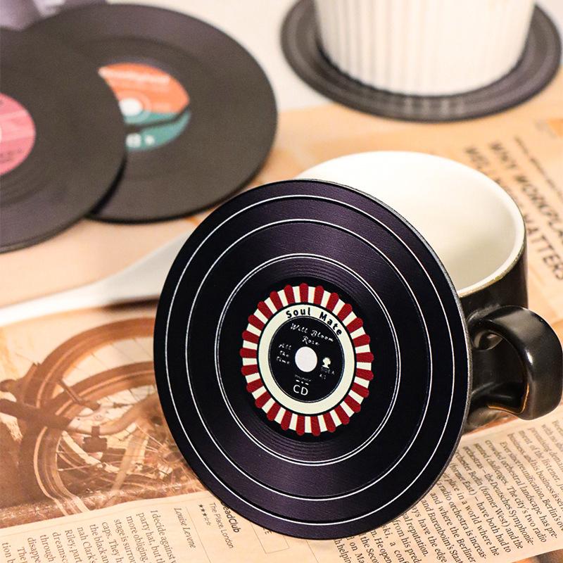 Stainless Steel Placemat Coaster Retro CD Vinyl Record Model Thermal Insulation Non-slip Tray Pad Coffee Cup Pad