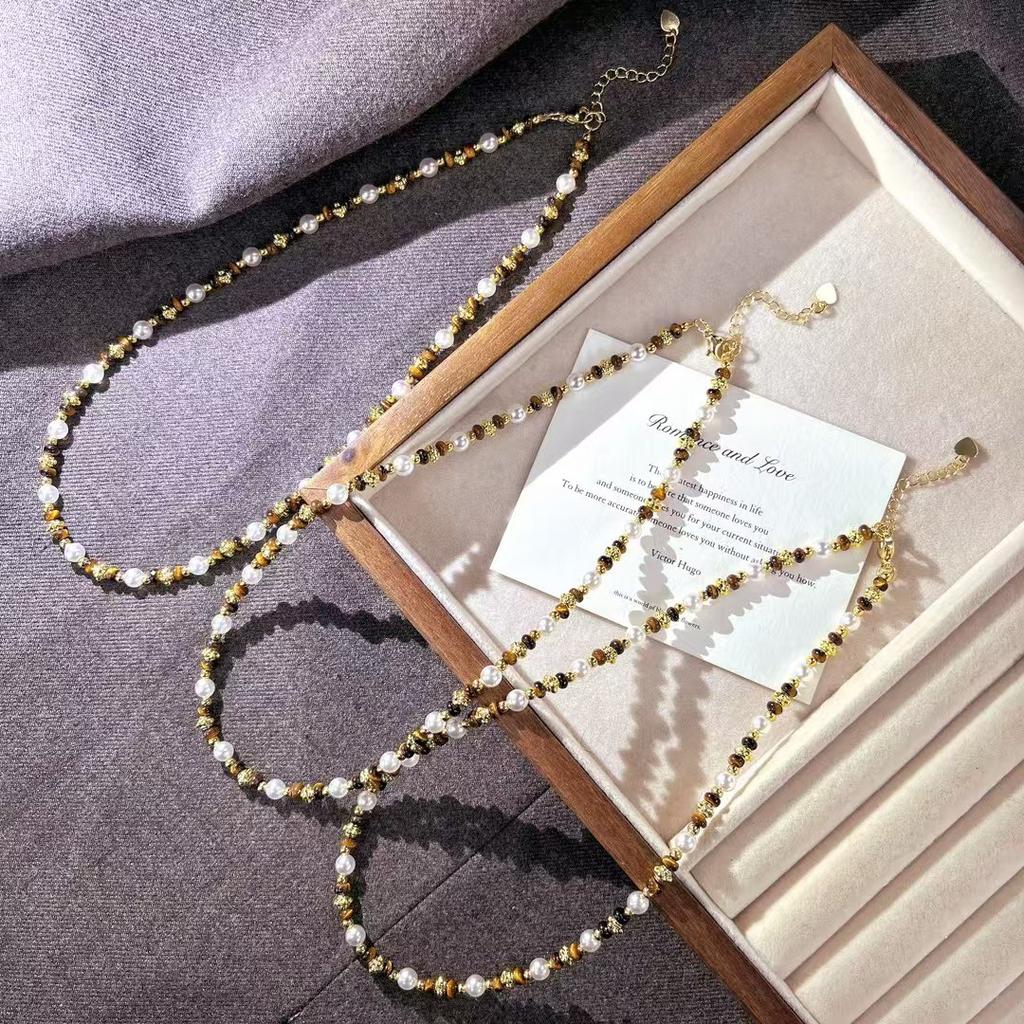 Collar Cadena Clavícula de Perla de Cristal Artificial de Alta Calidad Fuerte Luz Vintage Piedra Ojo de Tigre Natural