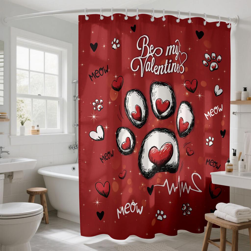 1pc Valentine's Day Romantic Red Cat Claw Print Waterproof Privacy Shower Curtain with 12 Hooks, Multiple Sizes, Easy to Install