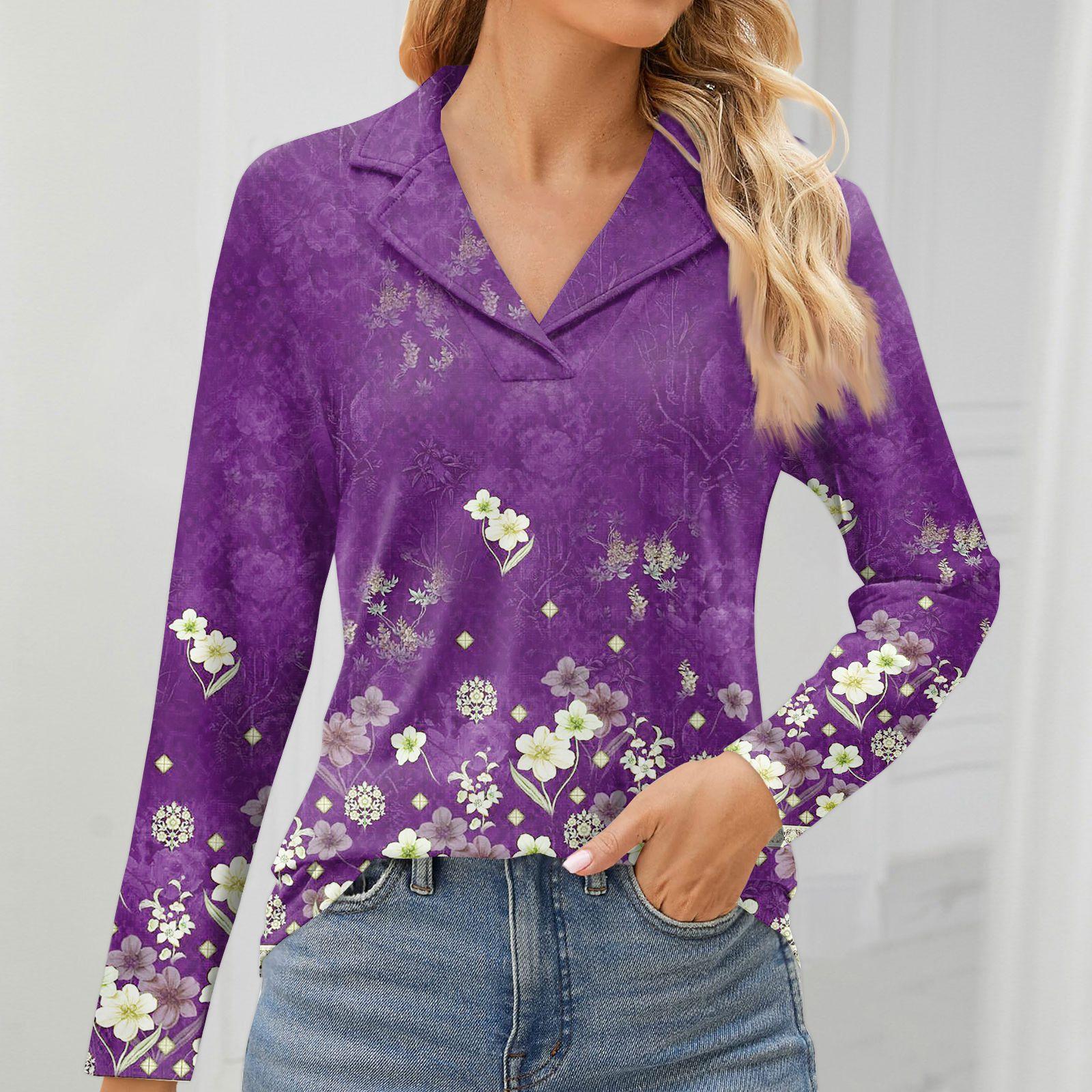 

Женская мода для отдыха с длинным рукавом и V-образным вырезом с цветочным принтом XXXL