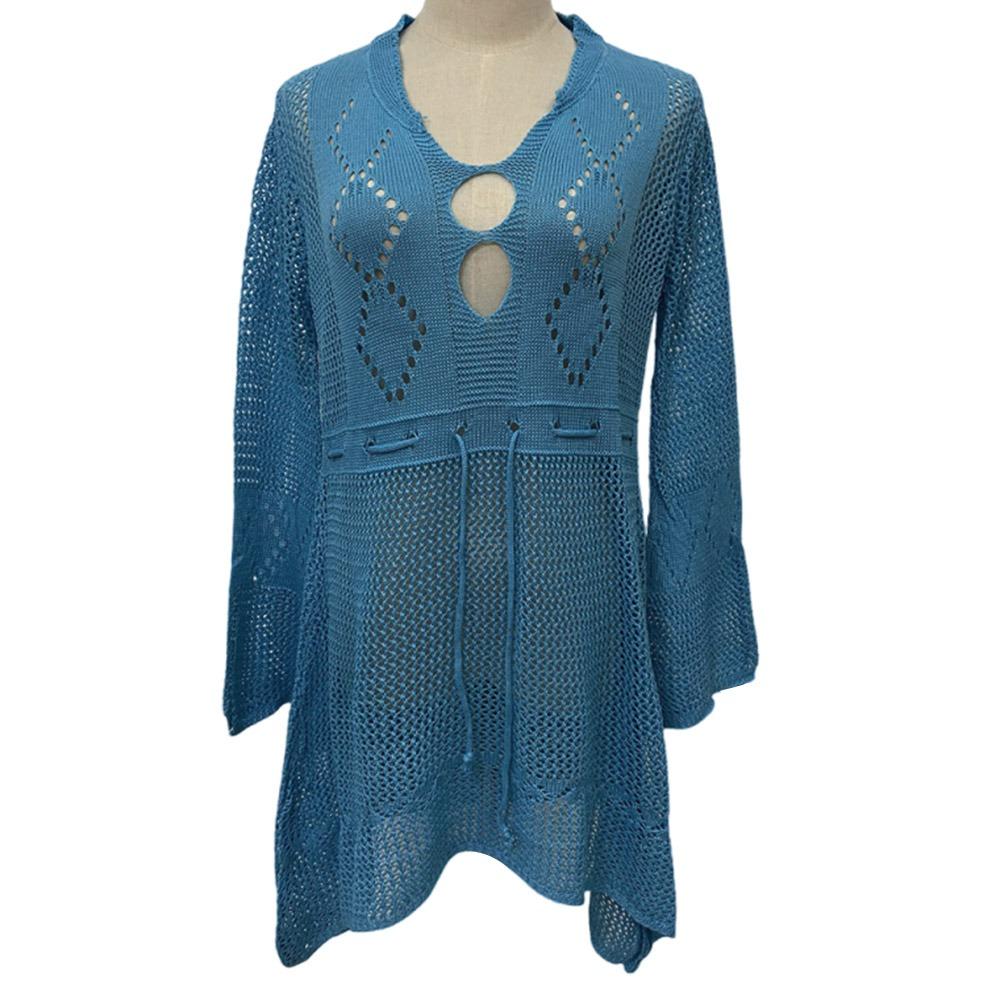Fashion V Neck Summer Sunscreen Smock Knitted Hollow Out Swimsuit Cover Up Dress Loose Bathing Suit Swim Dress for Women