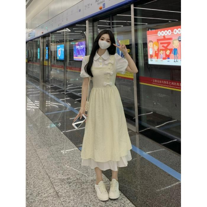 

Fake two-piece plaid dress girl student new middle school high school student retro national style small milk good dress S жёлтый