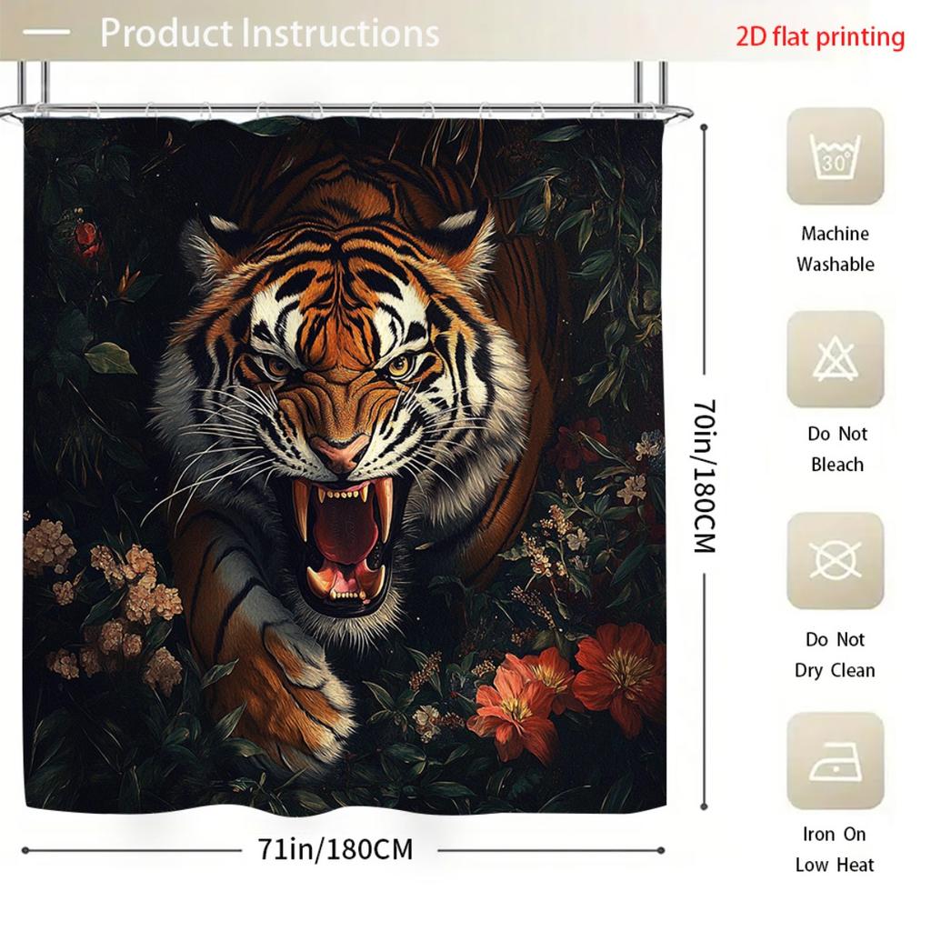 4Pcs Set Tigerthemed Print Shower Curtain Set with Non-Slip Bath Mat, Toilet Lid Cover, Contour Rug & 12 Hooks, Bathroom Decor
