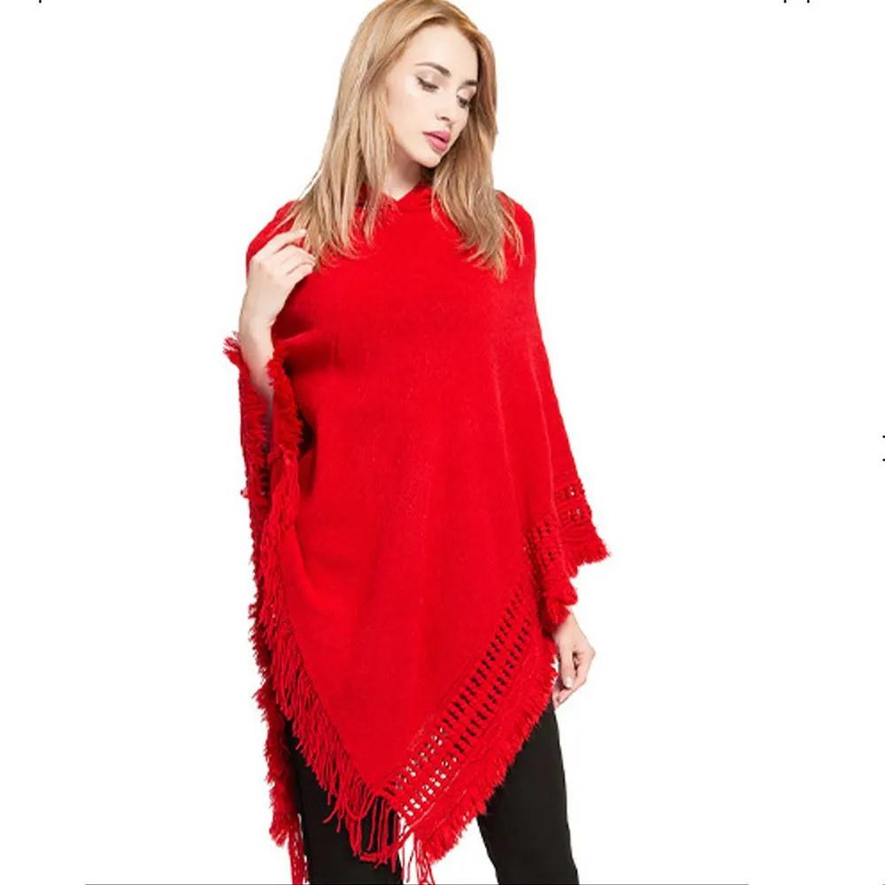 Women's Tassel Large Size Knitted Sweater With Hood And Imitation Cashmere Cape And Shawl
