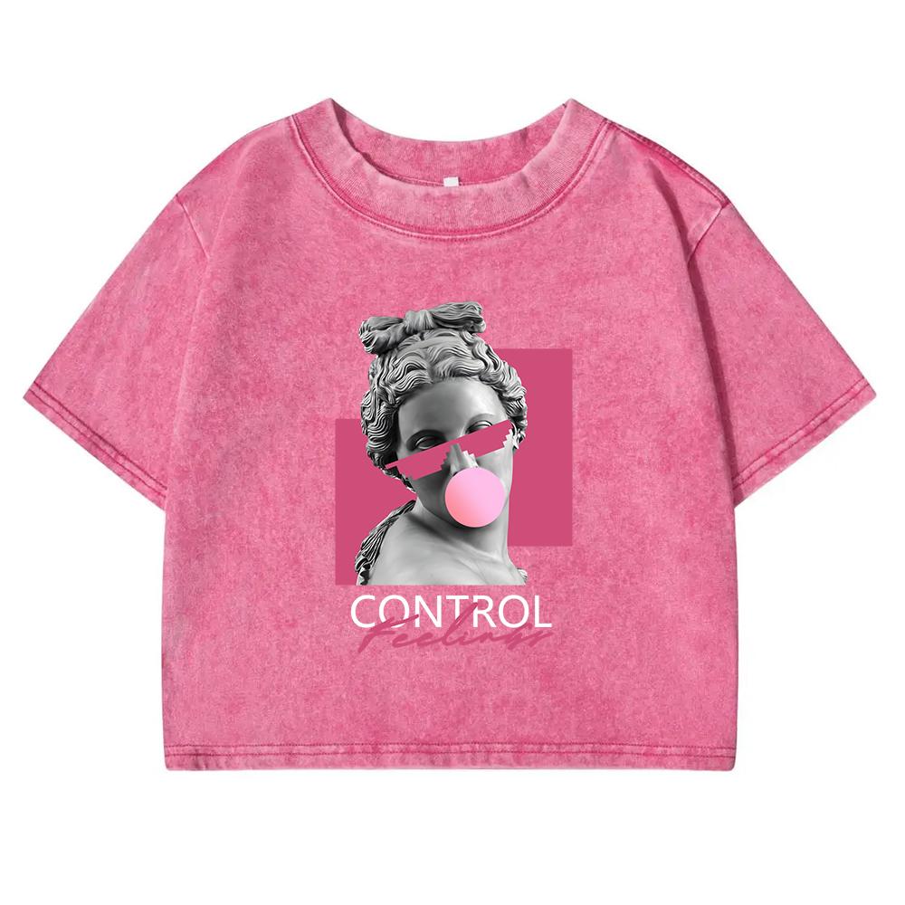 A Sculpture Of A Woman Blowing Bubbles Print Women Washed T Shirt Cotton Casual  Short Sleeve Crop Top Street