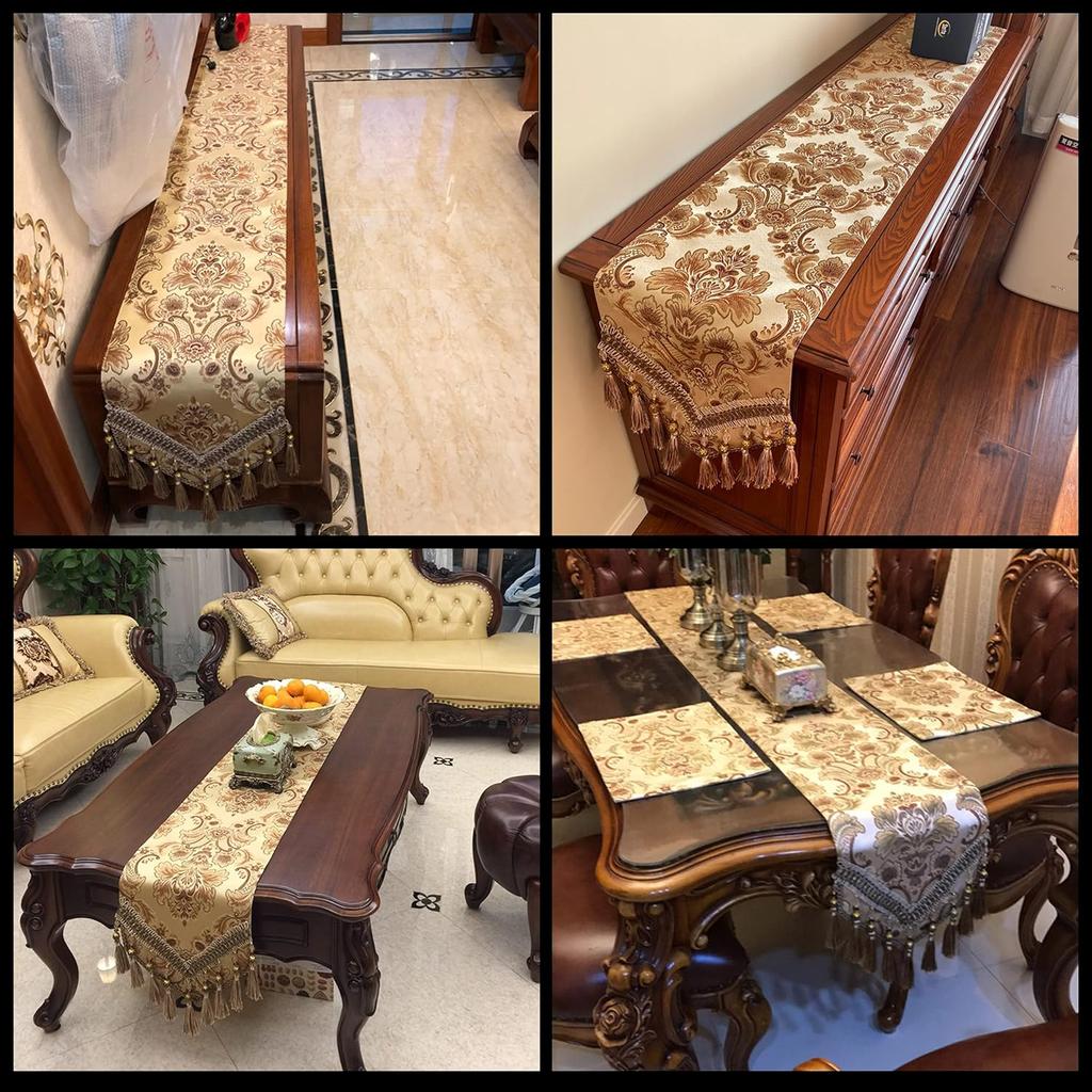 Table Runner and Placemats Set of 6 Gold Placemats for Dining Table Set of 4 Table Runner Luxury Thick Lined Damask Christmas Holiday Lace Beaded