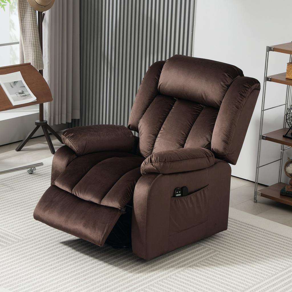 Sillón Elevador Reclinable con Función de Masaje y Calefacción Lumbar, Sillón Reclinable con Mando a Distancia y Bolsillos Laterales, Marrón