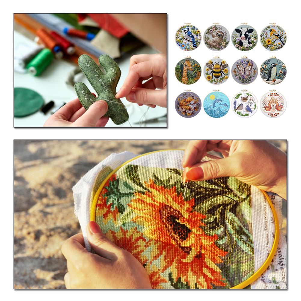 Animal Stamped Cross Stitch Embroidery Kits with Hoop Cloth Color Thread