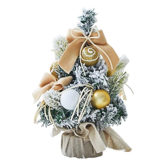 Snowy Mini Christmas Tree Small Tabletop Artificial Flocked Tree with Balls Bow And Cloth Bag Base for Home Office Desk Decor