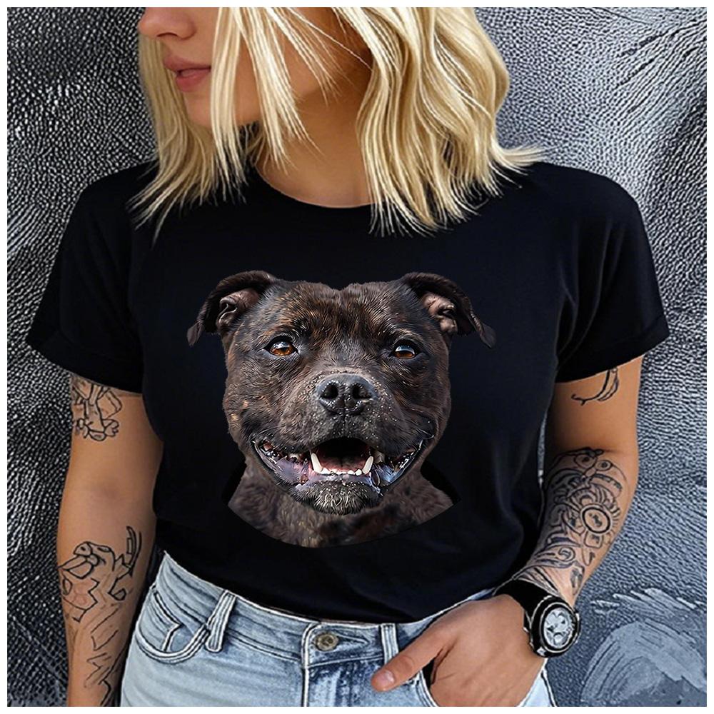 Cotton Cute Brindle Staffordshire Bull Terrier Portrait Tshirt Women Staffy Dog Lover Casual Summer Short Sleeve Graphic T