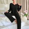 2Pcs/Set Women Pajamas Set V-Neck Long Sleeve Lace Trim Tops Elastic Waist Long Pants Set Solid Color Ribbed Sleepwear