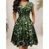 Summer V-neck Pocket Short Sleeve Printed Long Elegant Dress for Women European American Style