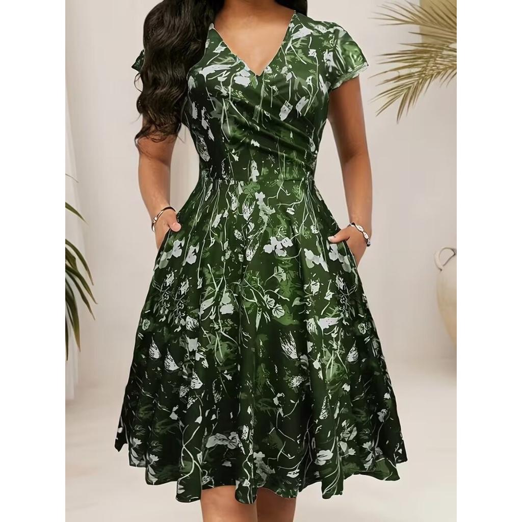 Summer V-neck Pocket Short Sleeve Printed Long Elegant Dress for Women European American Style