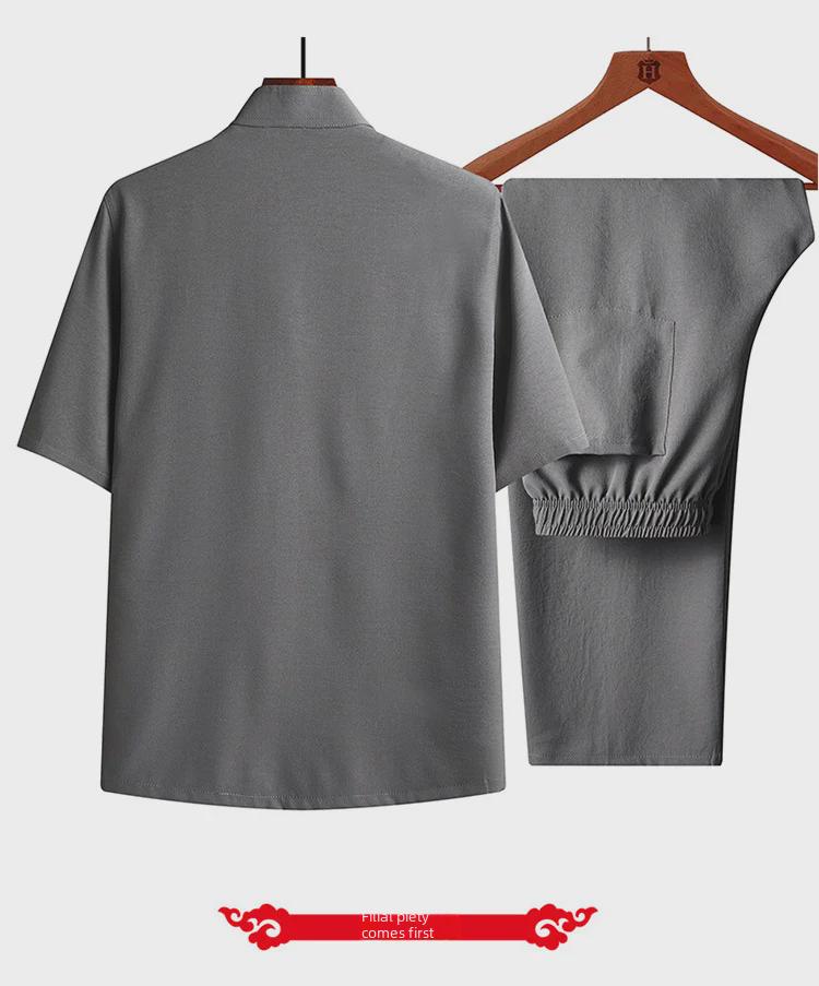 Men's Chinese Style Casual Cotton Linen Short-Sleeve Suit for Middle-Aged and Elderly Summer Wear