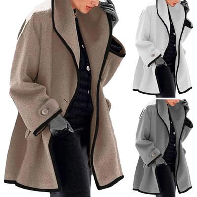 Women Fall Winter Jacket Loose Color Matching Lapel Long Sleeve Contrast Color Mid Length Pockets Cardigan Thick Warm Lady Streetwear Coat