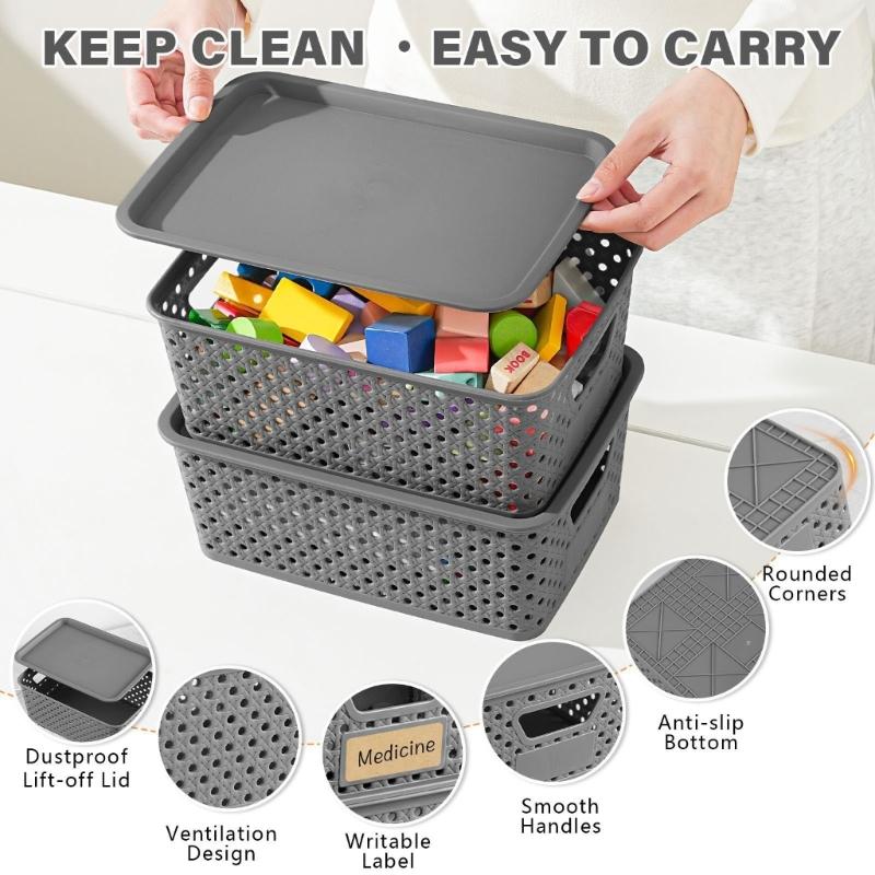 Storage Basket with Lid Set of 6 Plastic Storage Bins for Playroom Items, Closet Shelves, Bedroom and Sundry Storage