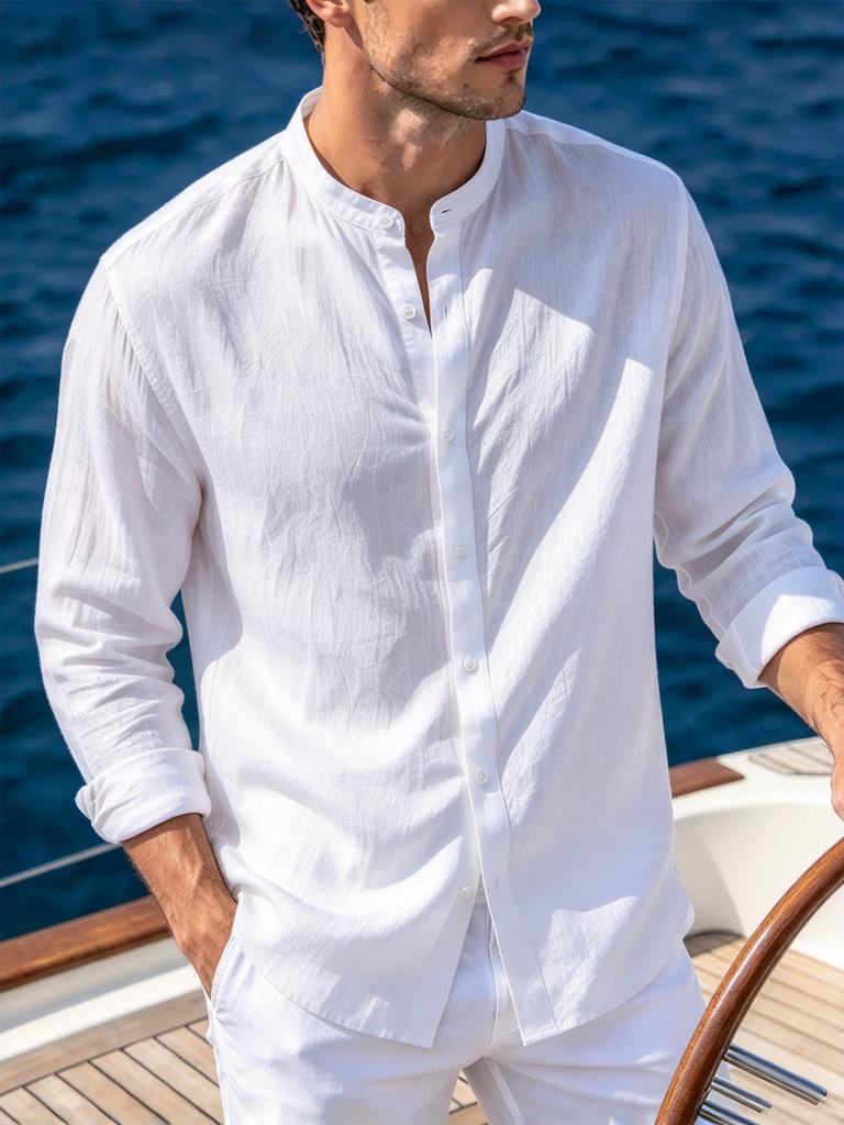 Men's Textured Long Sleeve Mandarin Collar Button-Up Shirt with Roll-Up Sleeves - Lightweight Summer Vacation Beach Top.